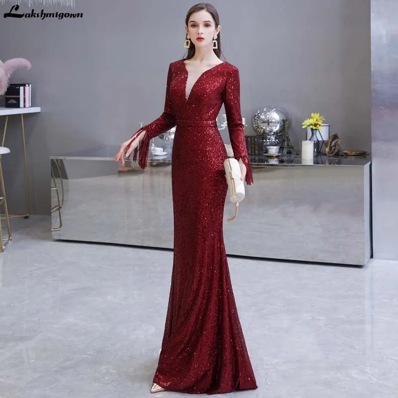 

Red Wine Sequin Mermaid Prom Dress Long Tassel Sleeve Long Formal Evening Dress Women Formal Party Dresses vestidos largos