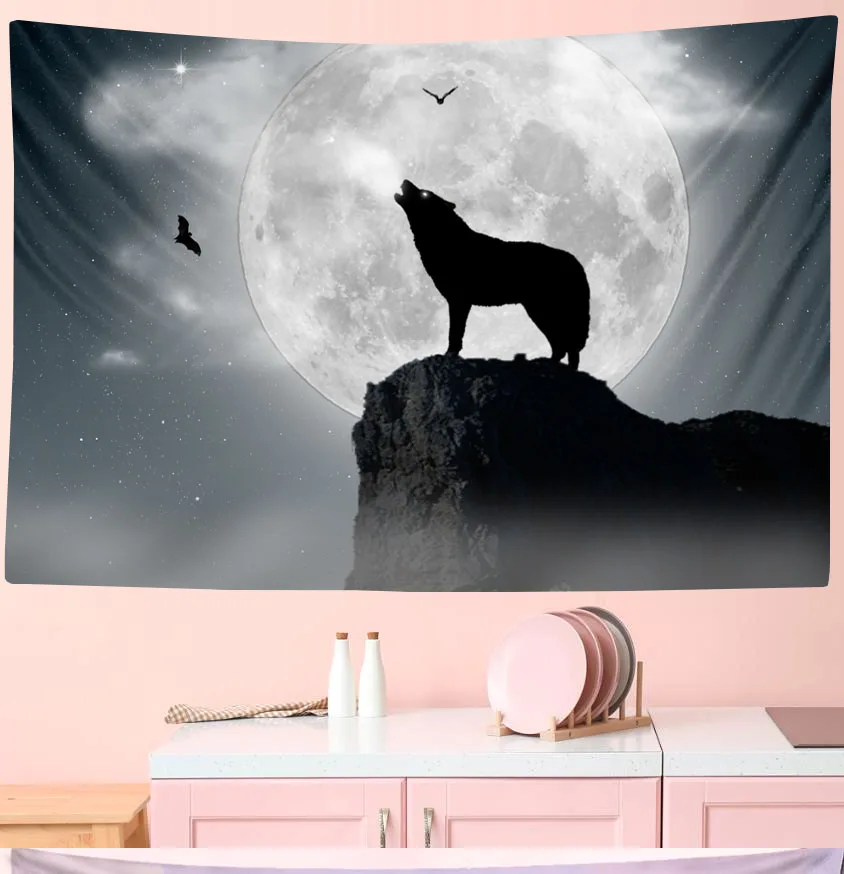 

Animals Wolf Tapestry In The Moonlight Psychedelic Background Wall Hanging Animal Sheets Wolf Home Dorm Decor Bedspread Beach Ma