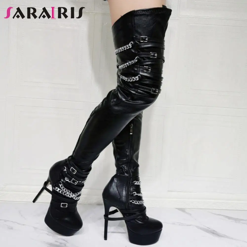 

SaraIris Large Size 47 Female Motorcycle Boots Zipper Solid Super High Heel Over-the-Knee Platform Boots Winter Woman Shoes