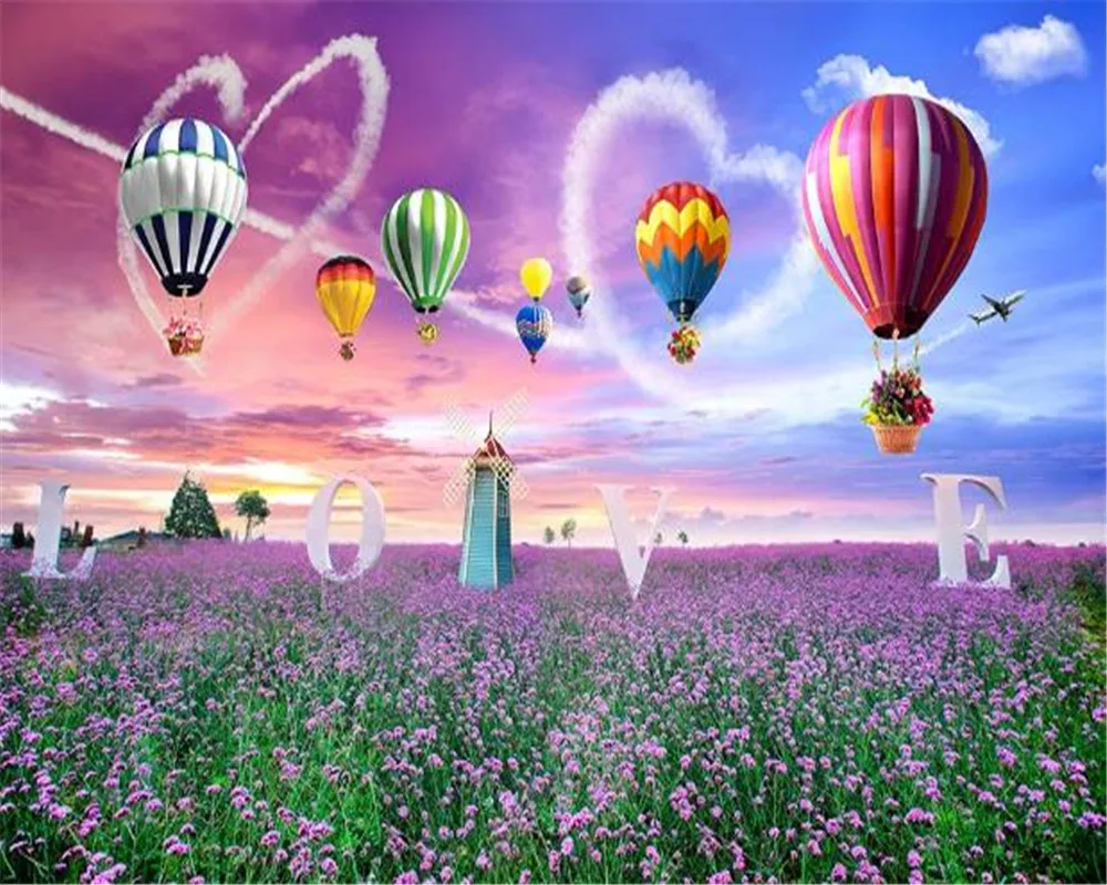 

3d Wallpaper Wall Promotion Romantic Lavender Flowers Love Hot Air Balloon 3d Wallpaper Wall Promotion