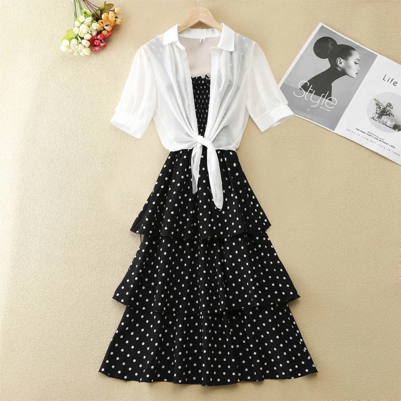 

Summer Sweet Girl Polka Dot Print Slip Dress White Chiffon Shirt Overall Two-Piece Set High Waist Tiered Dress Suit Prairie Chic