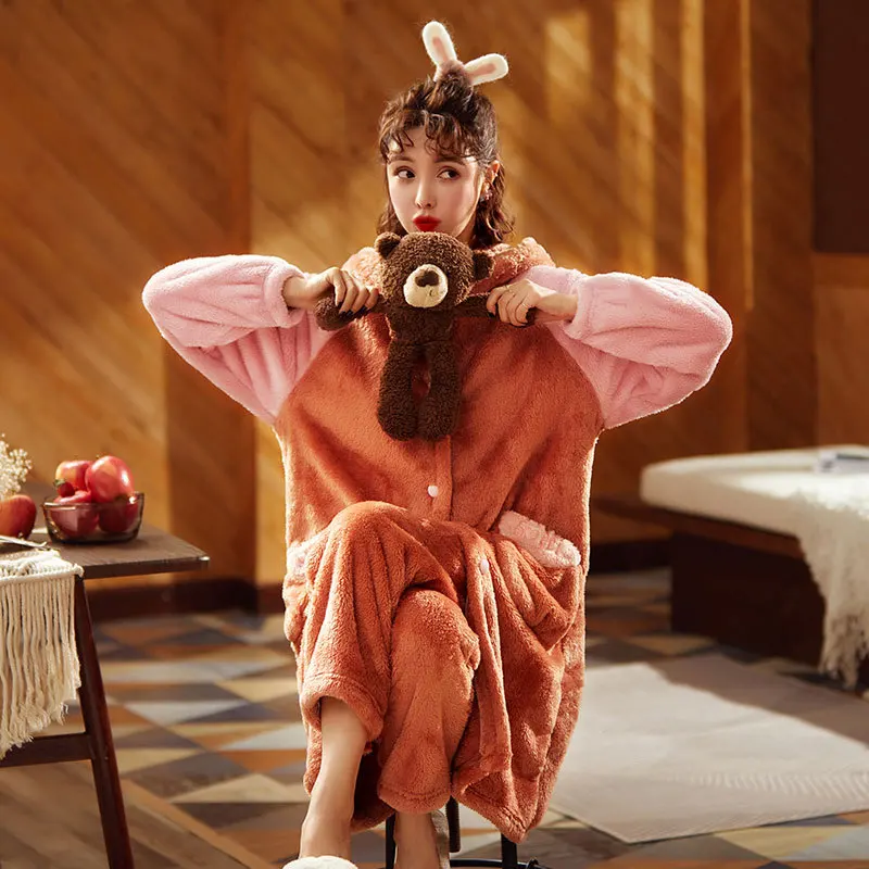 

Женский фланелевый пижамный комплект, Толстая теплая пижама с длинным рукавом, свободного покроя, домашняя одежда, 2021