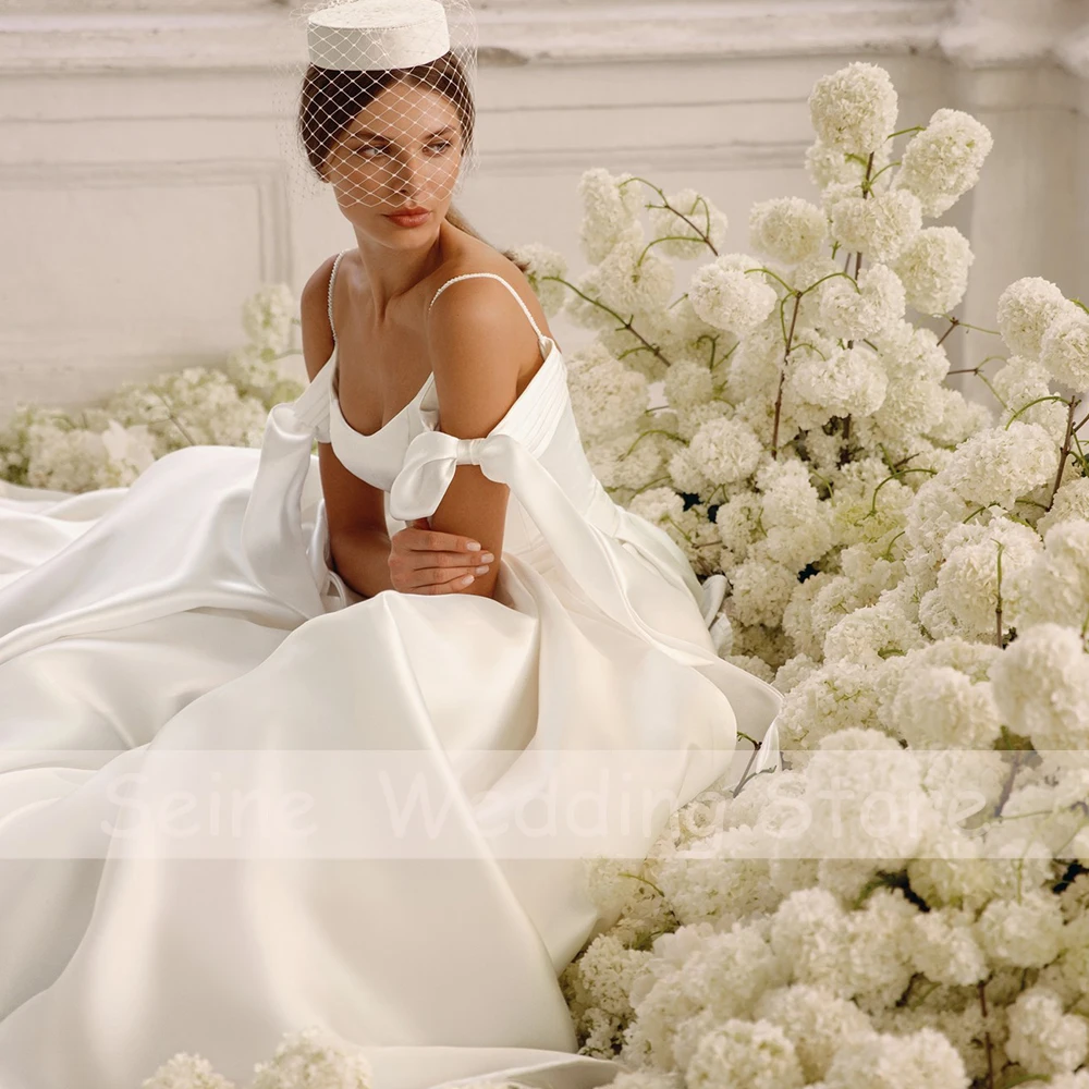 

Spaghetti Strap Princess Wedding Dress 2021 Eleglant Train Satin Bow Vintage Bridal Gowns O-Neck robe de mariée свадебное платье