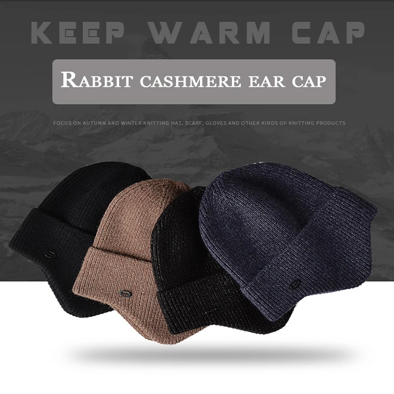 

Men's Autumn and Winter Warm Hats Imitation Rabbit Hair Earmuffs Outdoor Leisure Knitted Thick Ski Fashion Female Caps