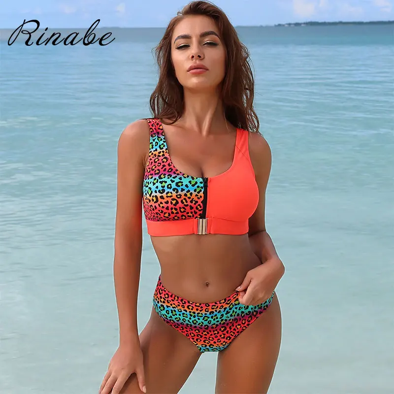 Женский купальник с высокой талией Rinabe бикини пуш апом и леопардовым принтом