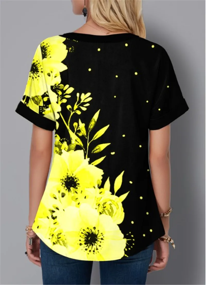

5XL Plus Size Women Clothing Short Sleeve T-Shirts Fashion Flower Print Bandage V-Neck Summer Tee Loose Casual Lady 2020 T-Shirt