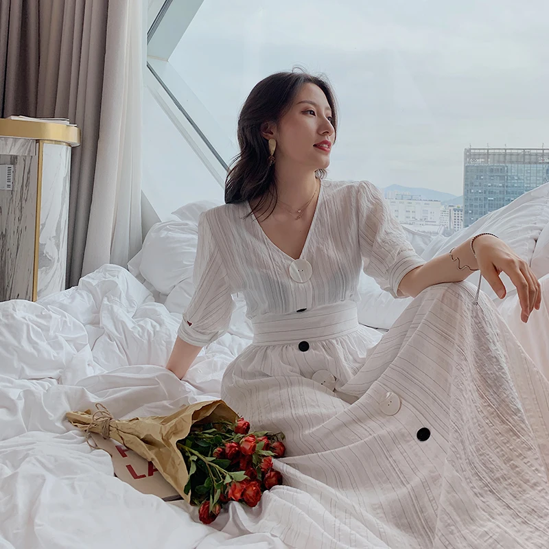 Элегантное Вечернее Платье во французском стиле белое платье в полоску с рукавом