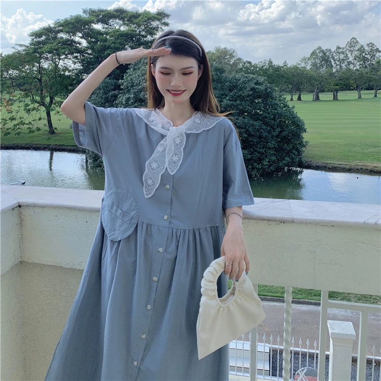 

GRUIICEEN New Arrivals Summer Loose O-Neck Long Dresses For Women Korean Elegant Short Sleeve Single Breasted Dress