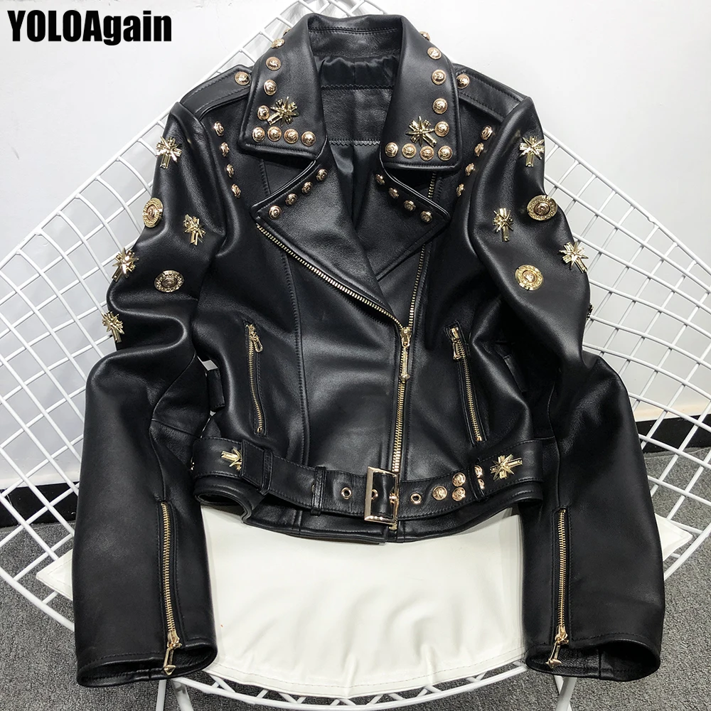 Женская мотоциклетная кожаная куртка YOLOAgain с золотыми заклепками из натуральной