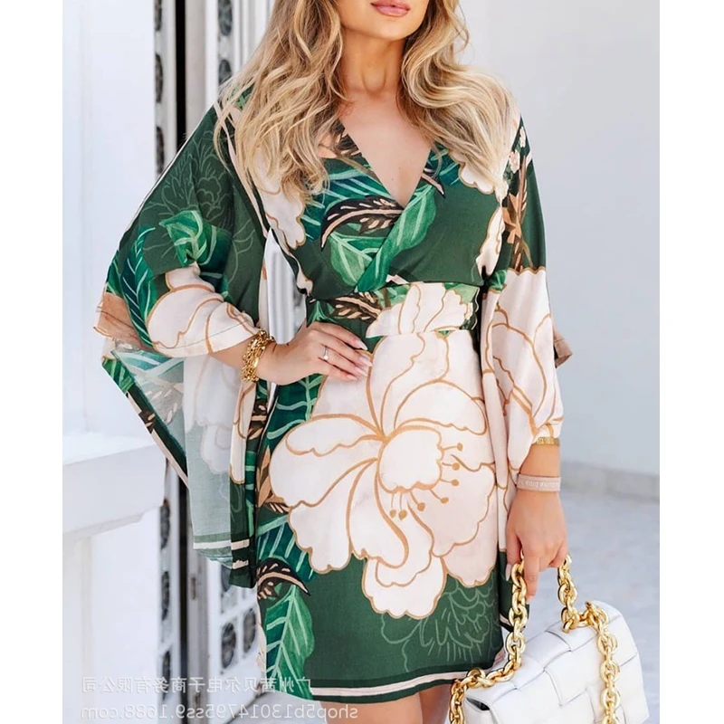 

Mandylandy Dress Summer Sexy V-neck Flare Sleeve Slim Dress Women's Casual Printed Backless High Waist Dress