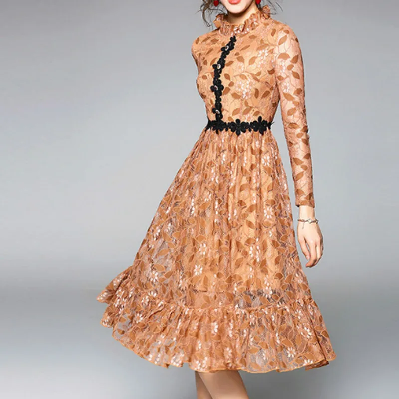 

Long Lace Dress Ruffles Stand Collar Hollow Out Summer Dresses Female Slim Elegant Party Dress Clothes Sexy Bodycon Dress Women