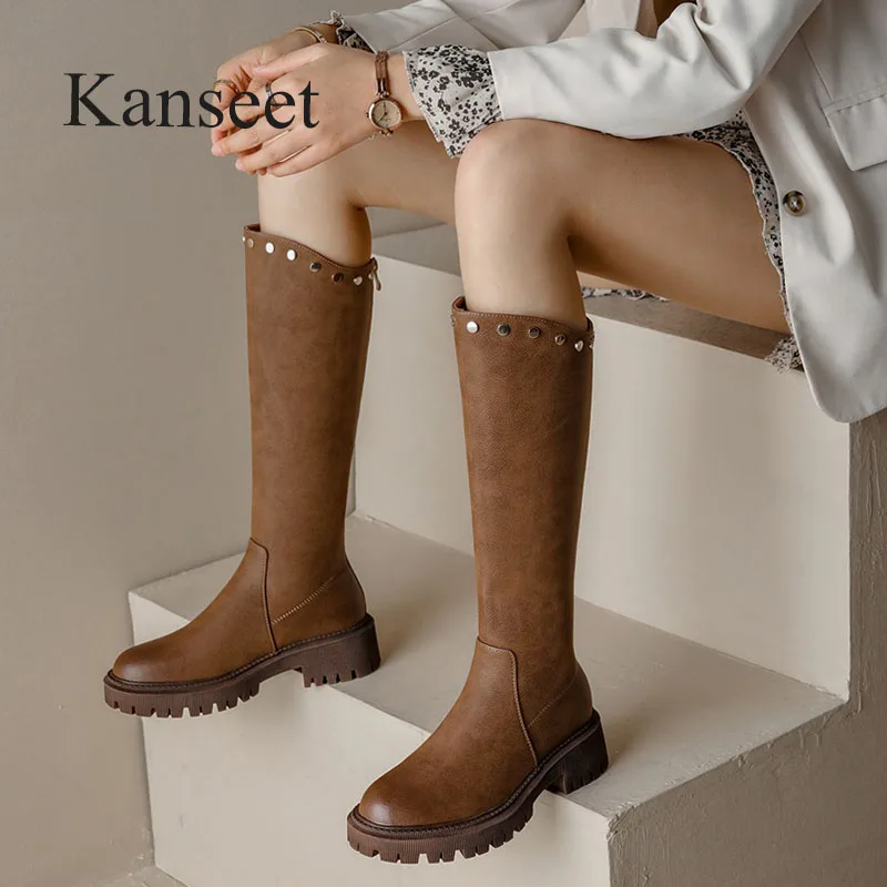 

Винтажные сапоги для верховой езды Kanseet, новинка осень-зима 2021, коричневые сапоги из натуральной кожи ручной работы с круглым носком на масс...
