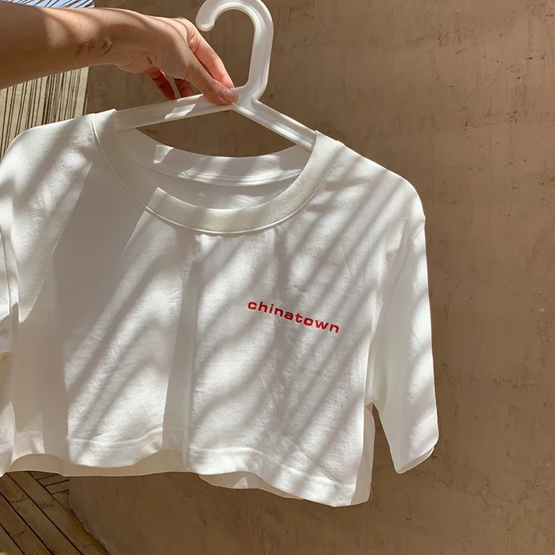

Women Summer Crop Top T-Shirt Letter Short Sleeve O-Neck T-shirts High Waist Short Tops Tee Streetwear T-Shirt