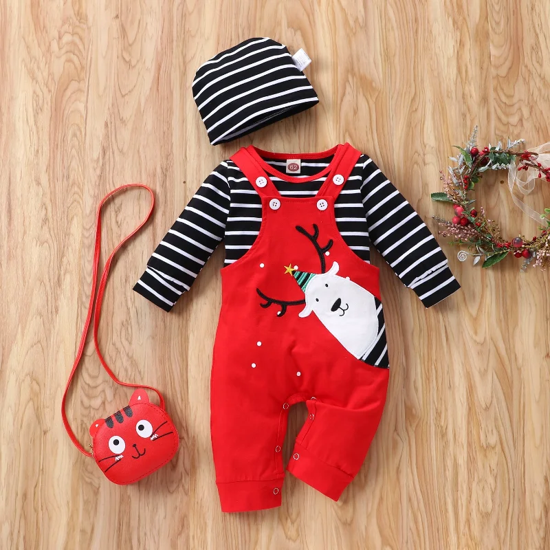 

Kids Clothing For Girls Long Sleeve Striped Elk Three-Pieces Set Baby Long Sleeve Top + Sling Romper + Hat Christmas Day Outfits