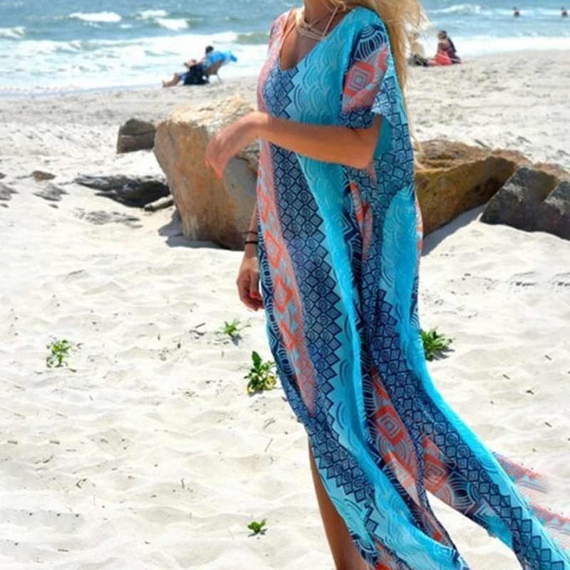 2019 сексуальное пляжное платье с зеленым принтом накидка Пляжное шифоновое