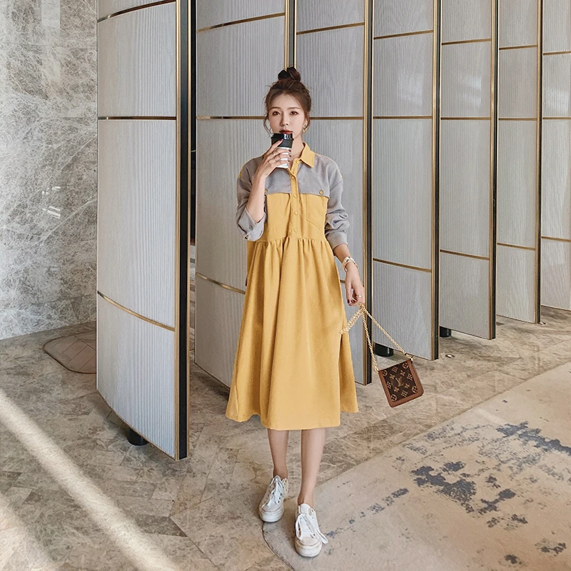 

NSMW MI New Spring Autumn 2021 Dress Women's Waist Color Matching Long-Sleeved Dress Female Slim Waist Shirt Long Skirt L4
