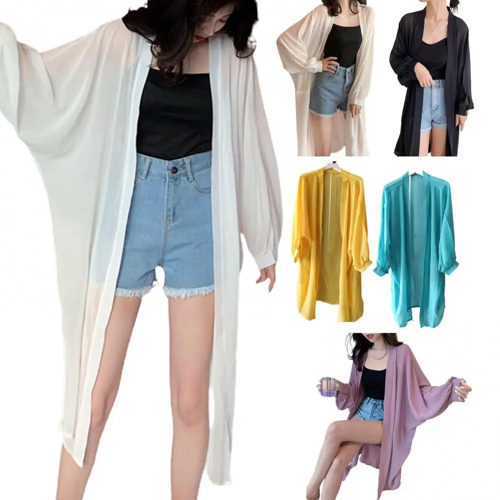 Women Summer Long Batwing Sleeve Solid Color Anti Sun Thin Cardigan Midi Coat Midi Cardigan Solid Color Thin Anti Sun Cardigan