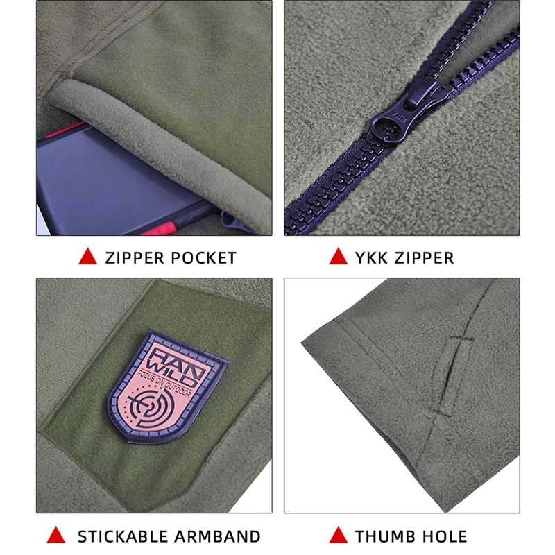 

HAN WILD Hooded Fleece Coats Men Warm Hiking Jacket Inclined Zipper Jackets Tactical Clothing Casual Bomber Big Pockets Fashion