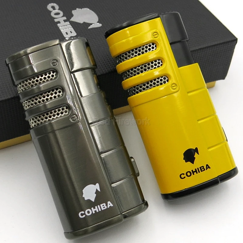 

Cohiba Luxury Metal Windproof Yellow Pocket Portable Cigar Cigarette Lighter 3 Torch Jet Flame With Gift Box Punch