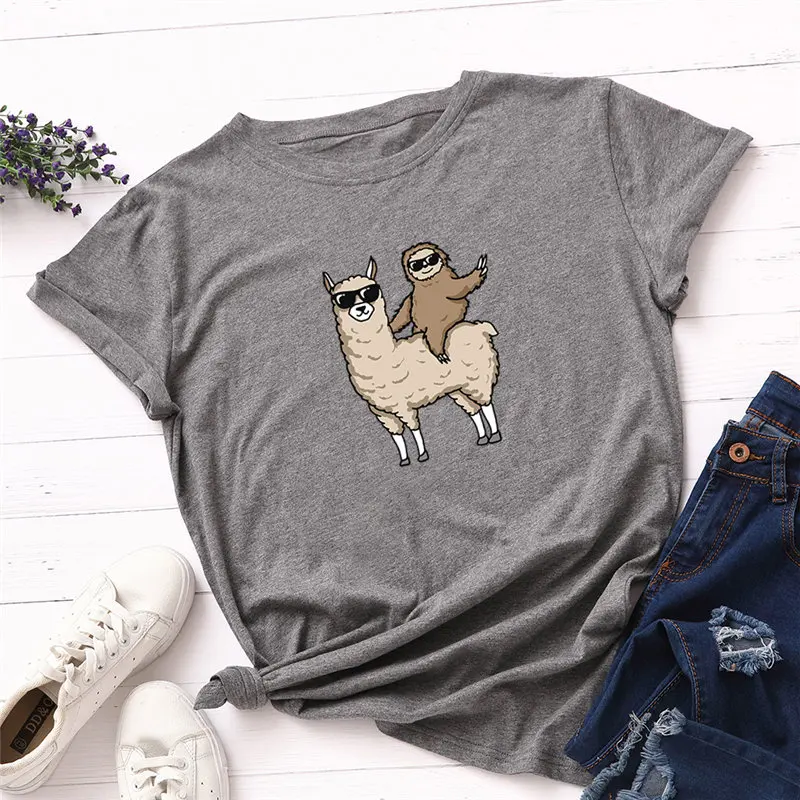 

2021 Fashion Cotton Female T-shirts Short Sleeve Plus Size Women T Shirt Alpaca Sloth Printing Tops Harajuku Summer Plus Size