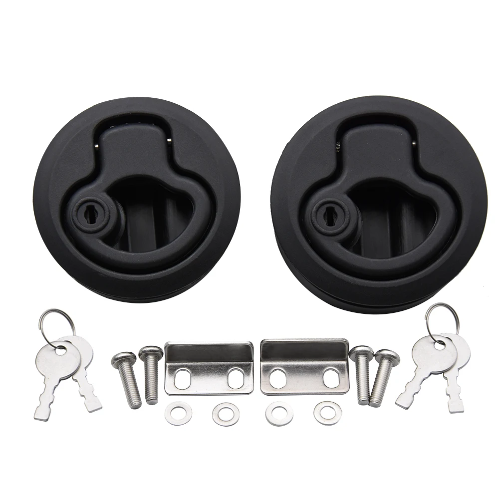 

2pcs 2inch Flush Pull Latches Slam with Key Locking Lift Handle Black Marine Boat Plastic Round Deck Lock RV Yacht Accessories