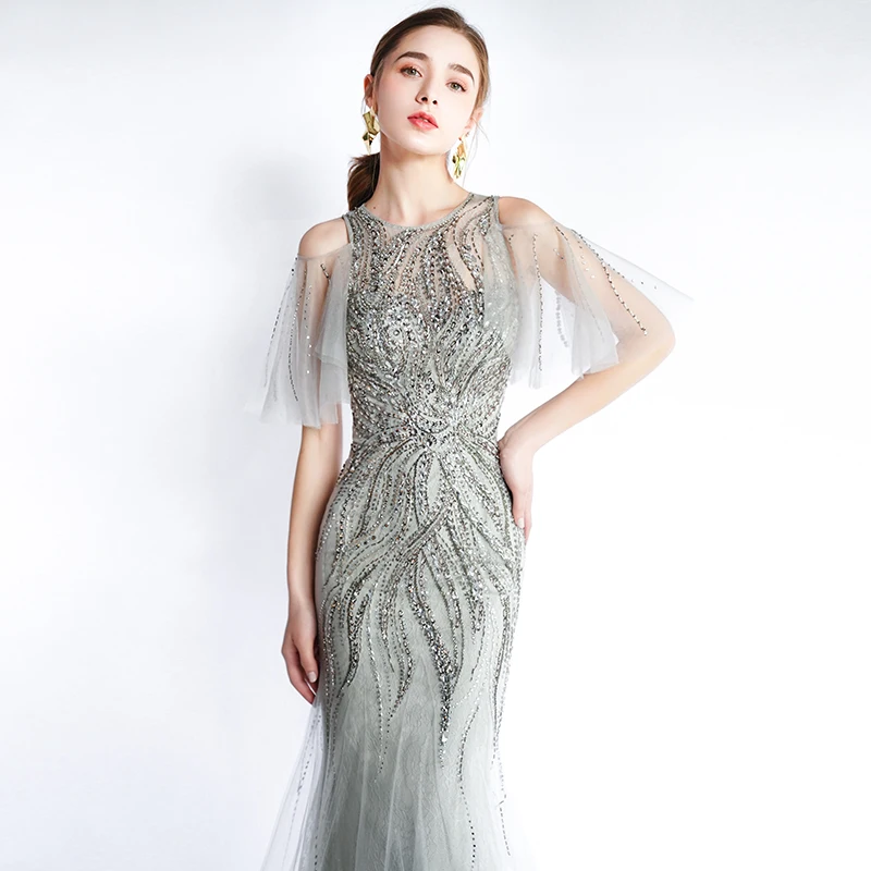 vestido de festa серые Выпускные платья длинное платье круглый вырез короткий рукав вечерние платья Женская официальная Хрустальная Русалочка платья для выпускного вечера