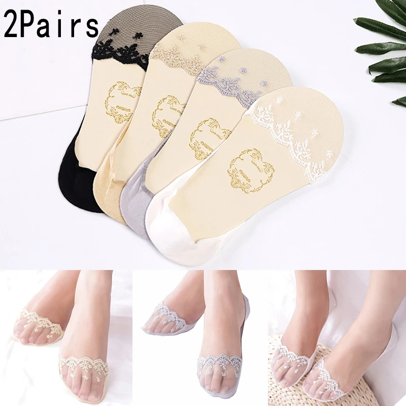 

2 Pairs Women's Slippers Socks Invisible Boat Mesh Lace Thin Short Socks Female Summer Ankle Silicone No Show Socks Non-slip