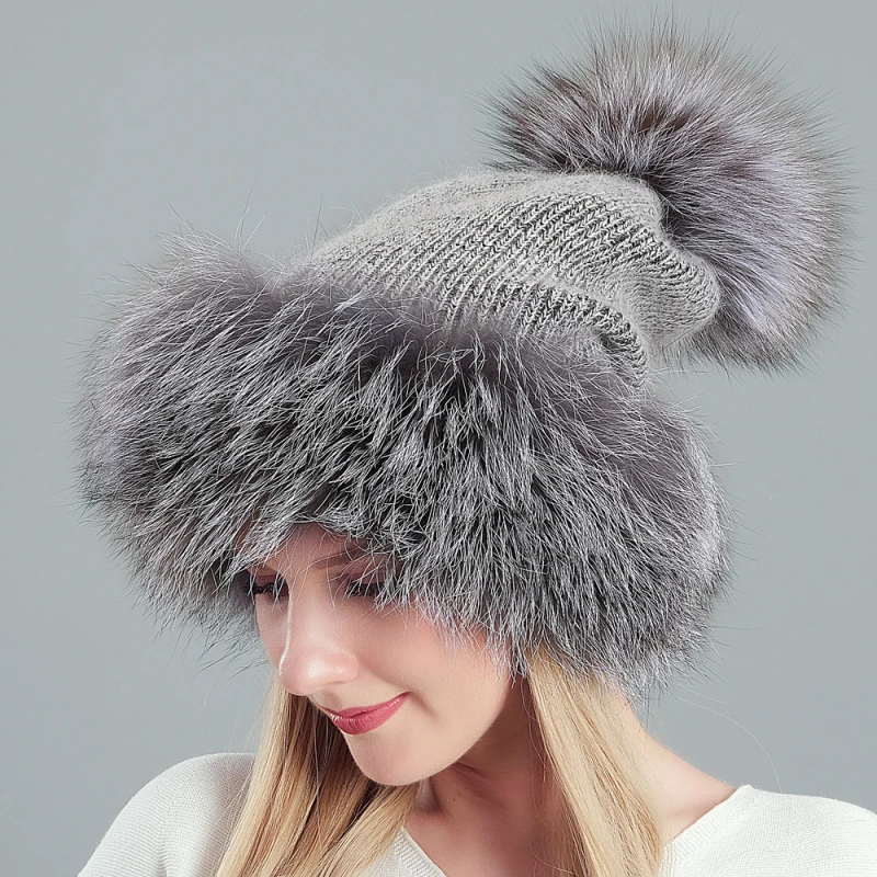 HT3276 Women Winter Hat Thick Warm Fur Pompom Knitted Hat Female Real Rabbit Fur Skullies Beanies Ladies Winter Ski Beanie Hat