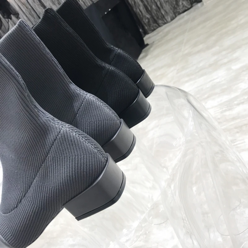 Fashion Ankle Sock Boots Women Block Heels Shoes Stretch Fabric Knitting Winter Booties Female Bootee Woman 2019 Gothic Style | Обувь