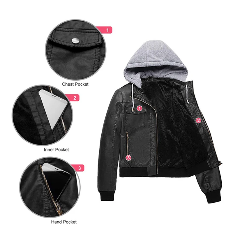 

Motorcycle Fleece Jackets 2019 Faux Leather Hooded Jacket Women Winter Faux Leather PU Basic Jacket Coat Plus Size Outerwear