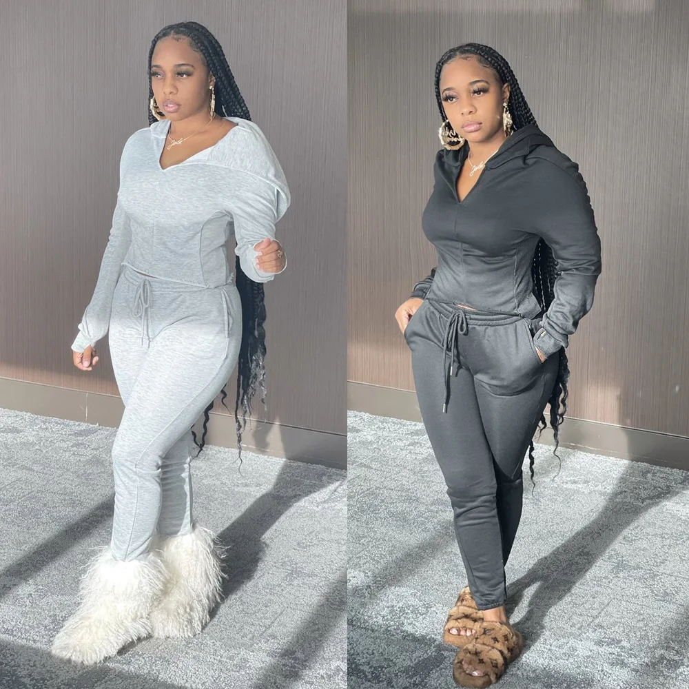 

Casual Women Tracksuits Outfits Hot Selling Full Sleeve Hoodies Lace Up High Elastic Waist Sport Pants Pure Color Two Piece Sets