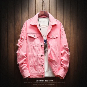 Куртка мужская джинсовая с отворотом, простой облегающий пиджак из денима, пальто с длинным рукавом, с дырками, осень