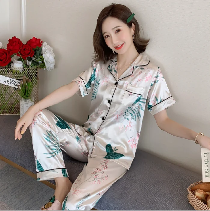 

Silk Pijamas Set 2021 Womens Pajamas Sexy Silk Satin Turn-down Collar Nightgown Sleepwear Short Sleeve long Pants Plus Size 5XL