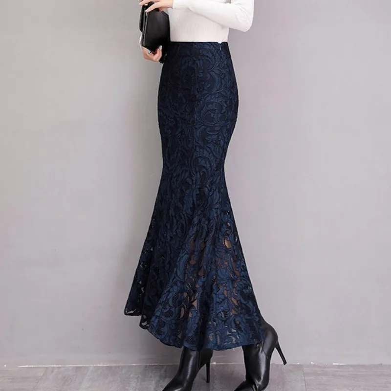 Elegant Ladies High Waist Slim Fit Wrap Lace Crochet Skirt Women Stretchy Sexy Skinny Ruffles Trumpet Ankle Length Long Skirts