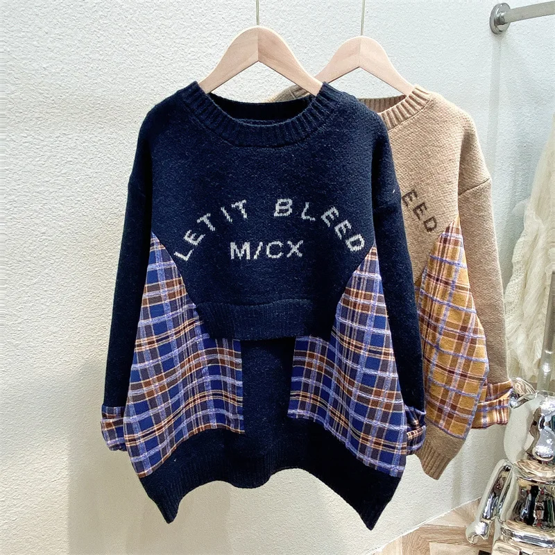 

Женский свитер, Корейская клетчатая блузка, вязаный пуловер в стиле пэчворк, новинка 2021, повседневный свободный женский свитер