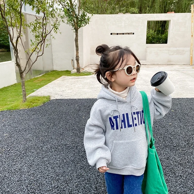 

Autumn winter Boys and girls fashion letters warm hoodies Tops kids unisex inner fleece thick loose hooded sweatshirts