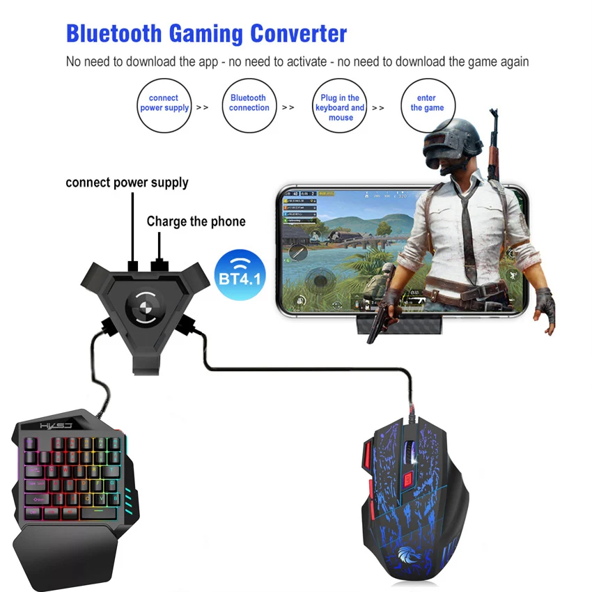 

One-handed Keyboard PUBG Mobile Gamepad Controller Gaming Keyboard Mouse Set Game Converter for Android IOS Bluetooth 4.1Adapter