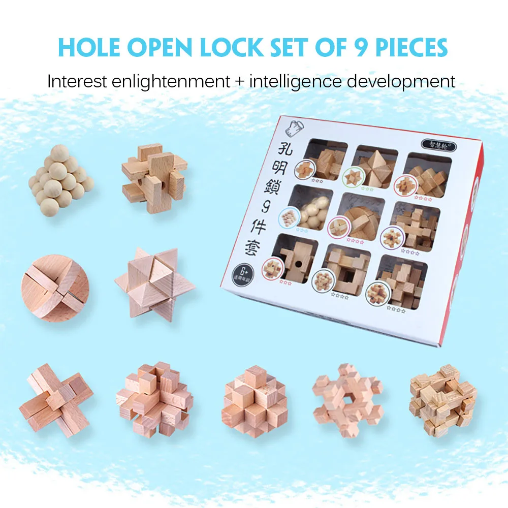 

9PCS/Set Design IQ Brain Teaser Kong Ming Lock 3D Wooden Interlocking Burr Puzzles Game Toy Bamboo Small Size For Adults Kids