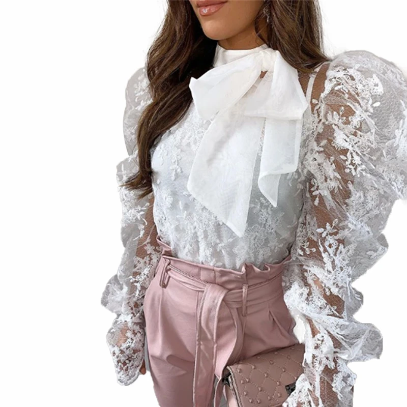 Женская кружевная блузка-кроше прозрачная сетчатая рубашка с длинными