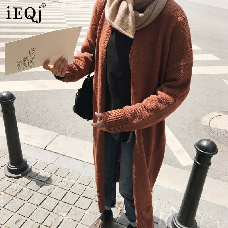 

Осень-зима 2021, Новый Свободный вязаный кардиган IEQJ, пальто, Женский Однотонный свитер средней длины с длинным рукавом, пальто для женщин 3W175