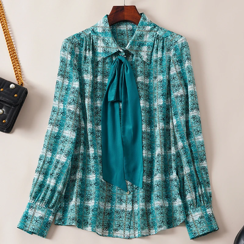 

100% Real Silk Women's Blue Shirt Elegant Fashion Bow Turn-down Collar Long Sleeve Woman Shirts Blouses Female Print Blouse Tops