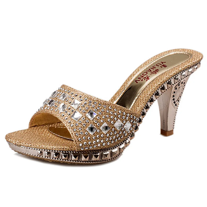 

Spike Heels Women Pumps Sexy High Heels Women Crystal Party Women Shoes Gold Open Toe Ladies Shoes