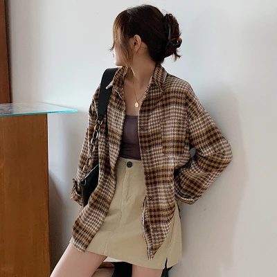 

Velvet Thick Fashion Casual Loose All Match Vintage Plaid Korean Style Regular Hot Sale Long Sleeve Turn Down Collar Women Shirt
