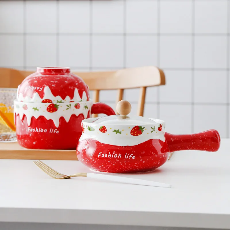 Cute Strawberry Ceramic Bowl Breakfast Cereal Calix Water Milk With Lid Tableware Fruit Ramen Soup Friends Gift Dessert Cups | Дом и сад