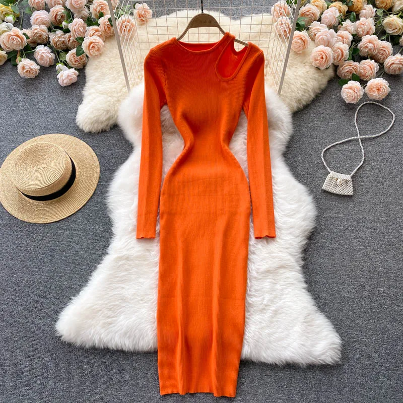 

Женское облегающее трикотажное платье-свитер Teeuiear, длинное платье-стрейч с вырезами, Повседневная Туника, облегающее платье на осень и зиму