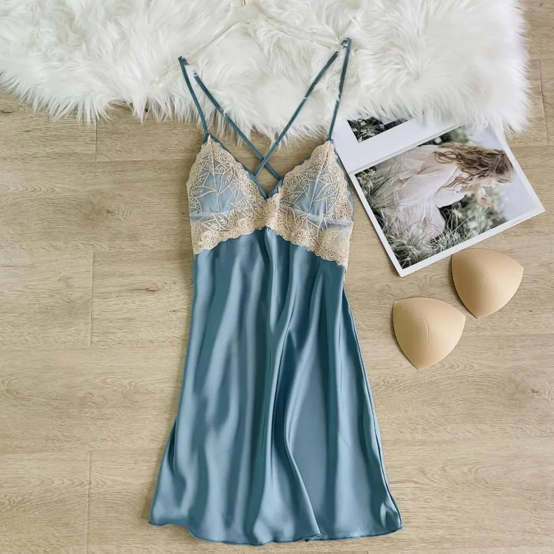 

Summer Satin Nightgown Women V-neck Nightdress Summer New Sleep Dress Female Lace Nightwear Casual Spaghetti Strap Sleepwear