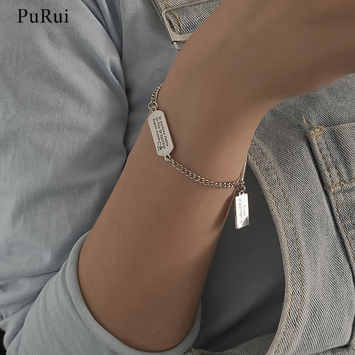 

PuRui Punk Simple Chain with Letter Square Pendant Bracelets for Women Silver Color Charms Hand Chain Bracelet Jewelry 2021 Gift