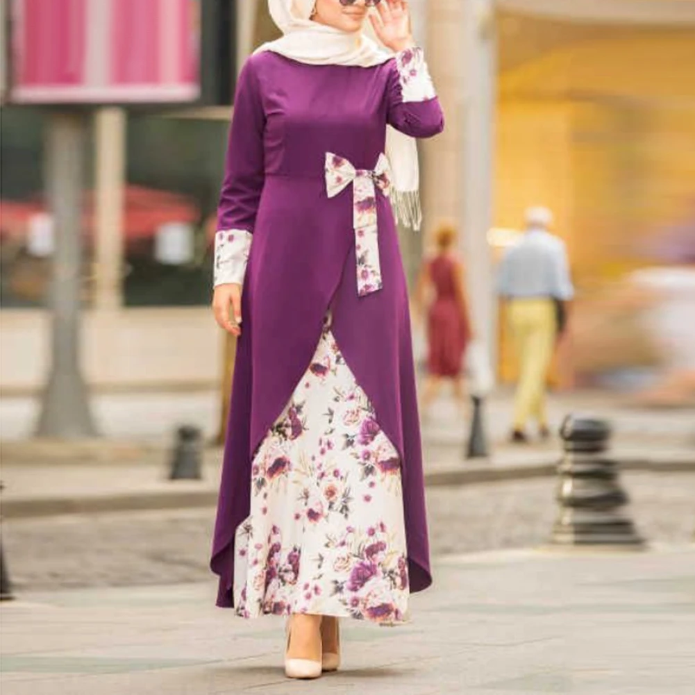 Мусульманское вечернее Макси женское платье с цветочным бантом длинным рукавом