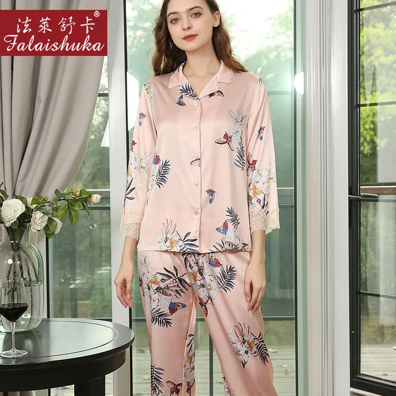 New Flowers butterfly 100% genuine silk pajamas sets women sleepwear Korean Elegant fashion pure silk womens pyjamas T8248