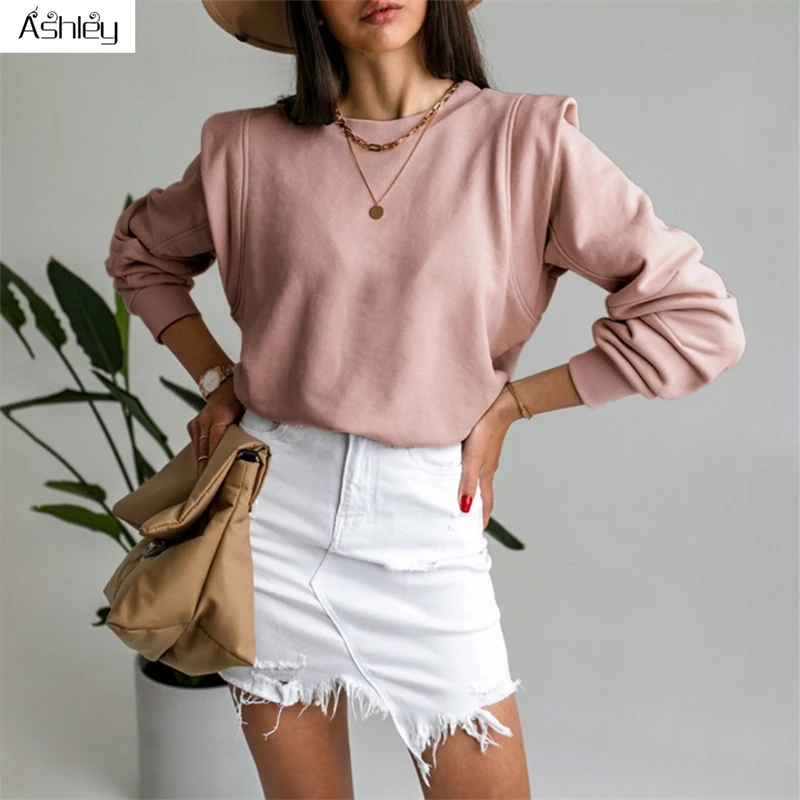 

Ashley Casual slim ladies sweatshirt Pink knitted women streetwear pullover Basic long sleeve autumn 2020 women outwear tops